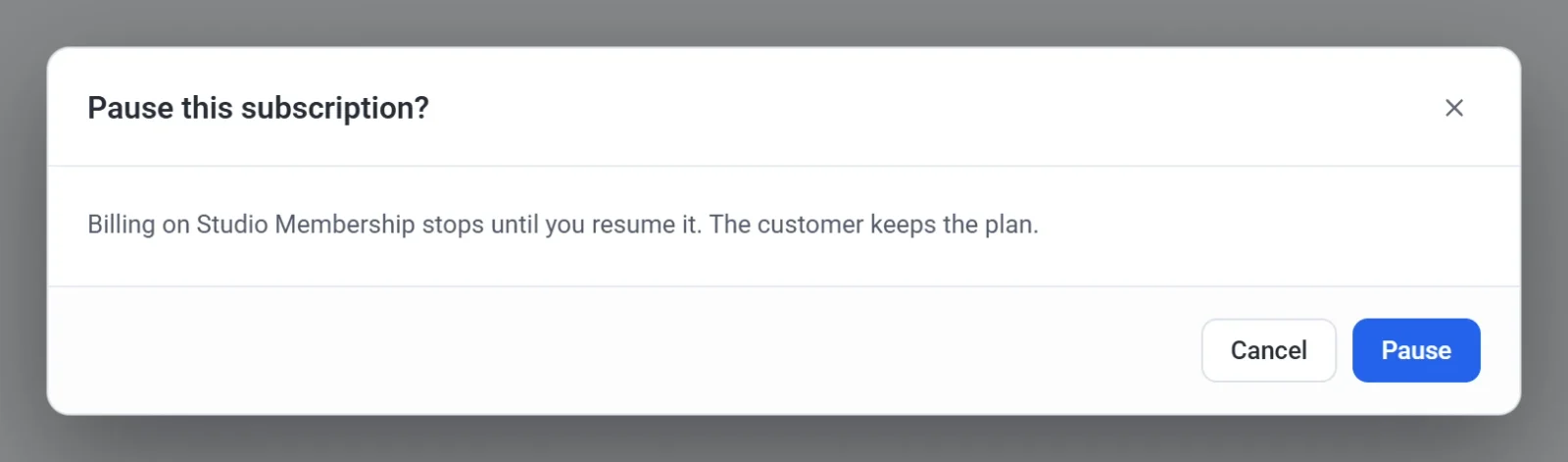 The Pause this subscription? window, saying that billing on Studio Membership stops until you resume it, with Cancel and Pause buttons