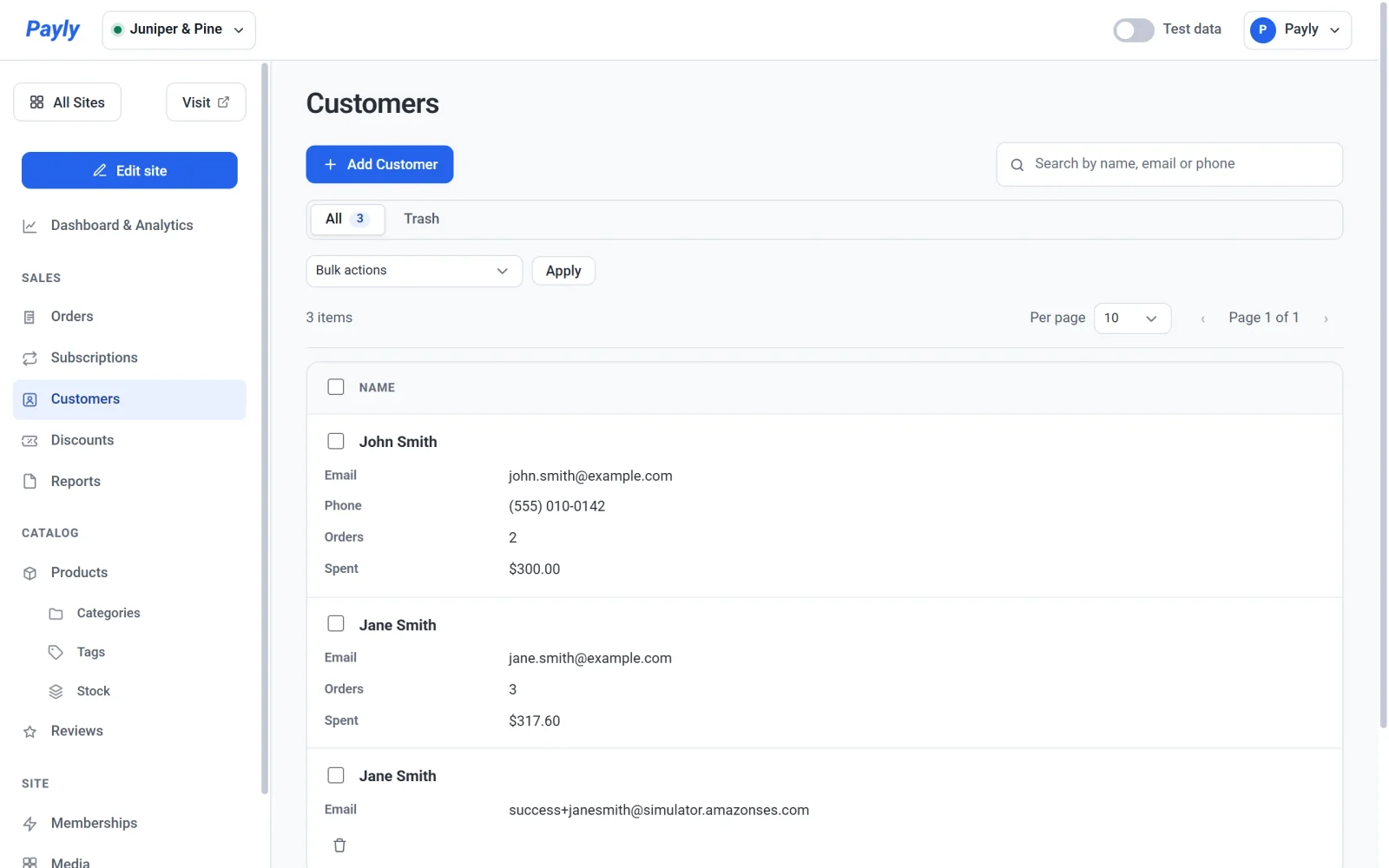 The Customers screen with two customers, showing their names, email addresses, phone numbers, number of orders and amount spent