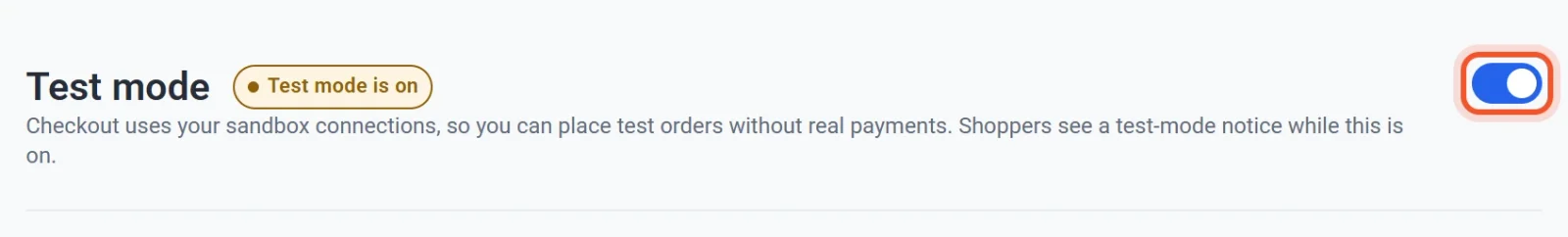 The Test mode switch on the Payments tab, turned on and highlighted