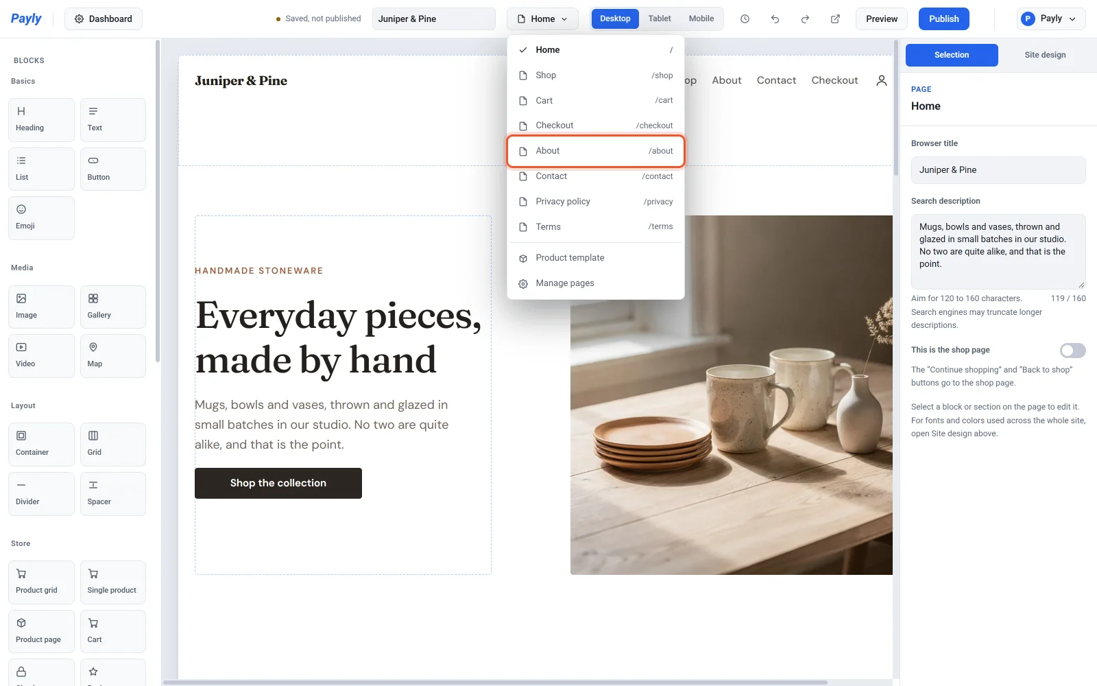 The editor with the page picker open and the About page highlighted in the list of pages