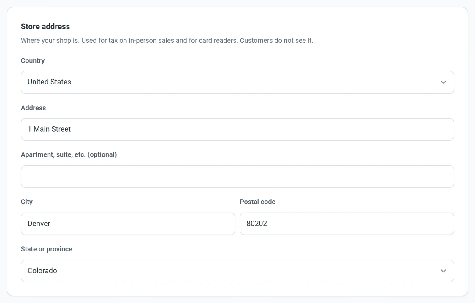 The Store address box in Settings, General, with Country, Address, Apartment, City, Postal code and State or province