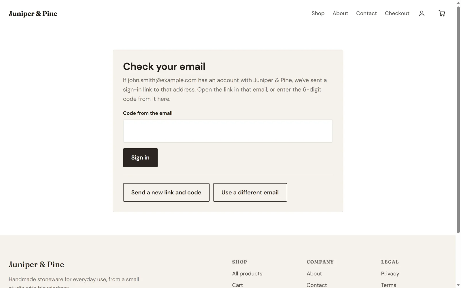 The Check your email page, with a box for the 6-digit code and buttons to send a new link or use a different email
