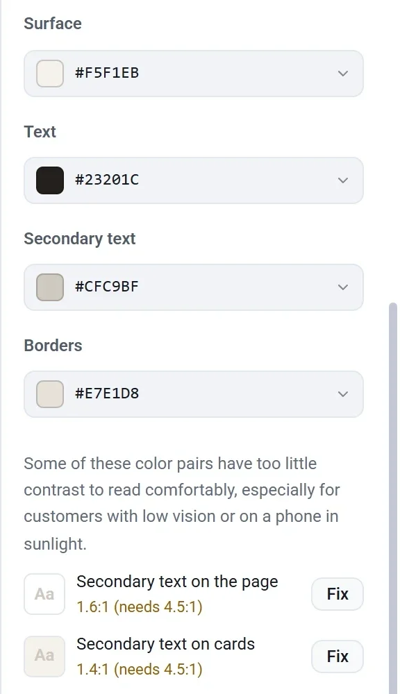 A contrast warning listing Secondary text on the page and Secondary text on cards, each with its ratio and a Fix button