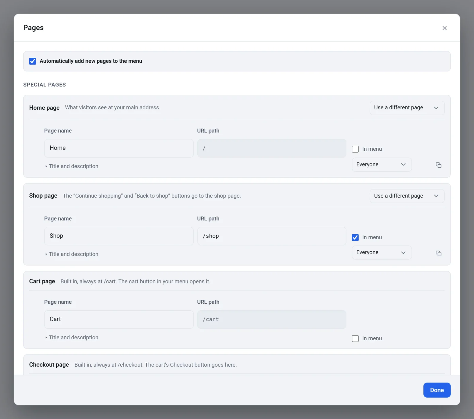 The Pages window with the Special pages group: the Home page and the Shop page, each with a name, address, In menu box and Use a different page list, and the Cart page below