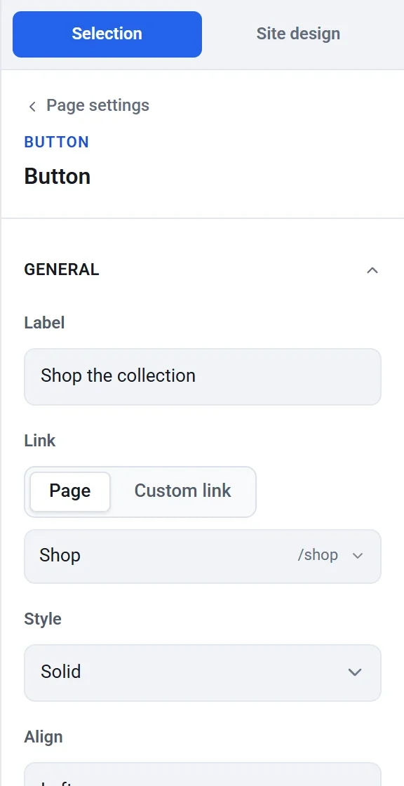 The Button settings: Label, Link with Page and Custom link choices, Style and Align
