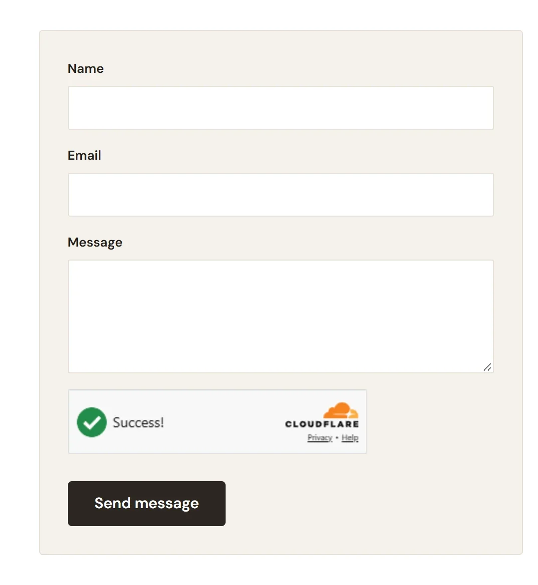 The contact form on the published store, with Name, Email and Message fields, a Cloudflare spam check that says Success, and the Send message button