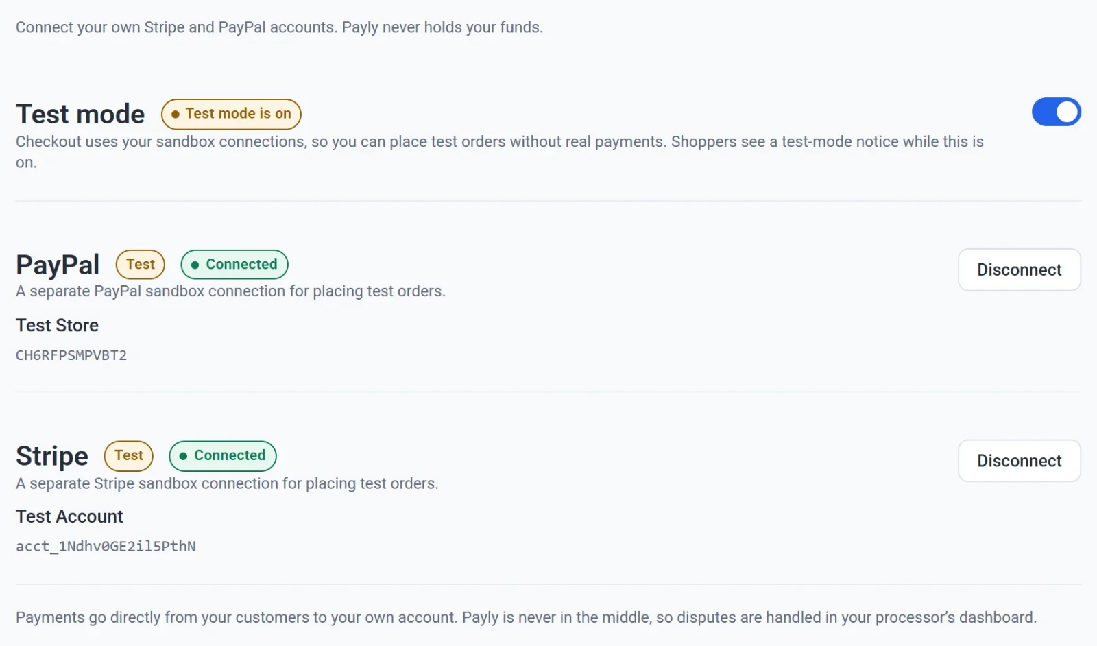 The Payments tab in Settings, with a PayPal account and a Stripe account connected and a note that payments go directly to your own account