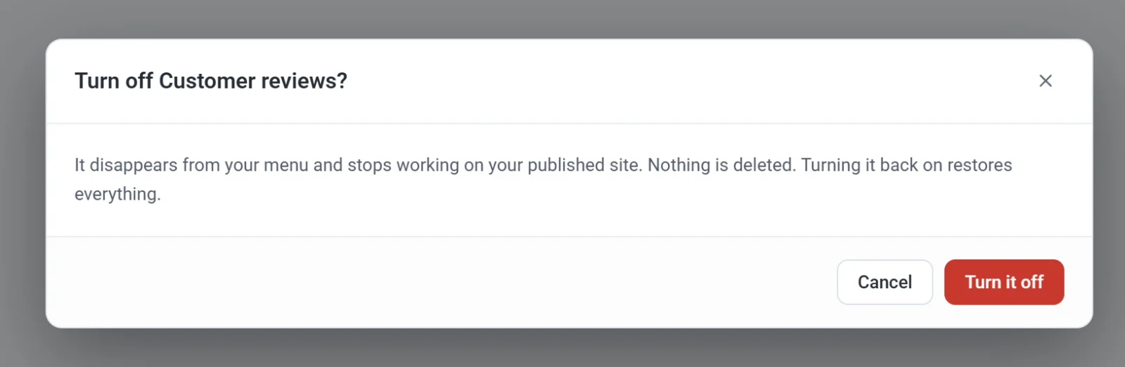 The Turn off Customer reviews dialog, explaining that it disappears from the menu and stops working on the published site, with Cancel and Turn it off buttons