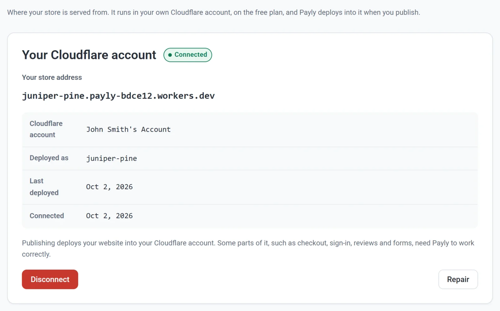 The Hosting tab in Settings, showing a connected Cloudflare account, the store's free workers.dev address and when it was last deployed