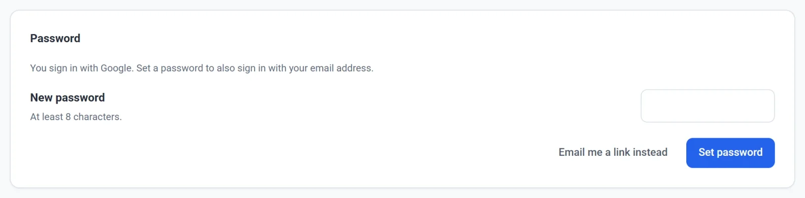The Password section for an account that signs in with Google, with a New password box, Email me a link instead and Set password