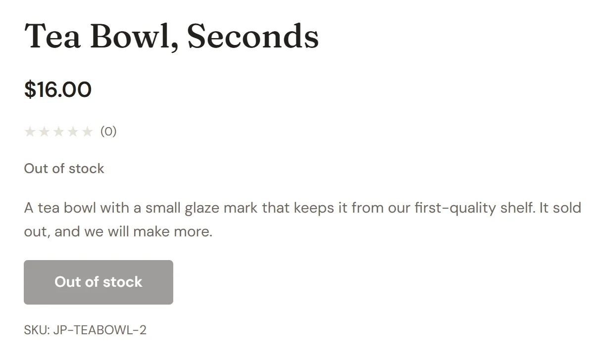 A product page for a Tea Bowl with the note Out of stock and a gray Out of stock button instead of Add to cart