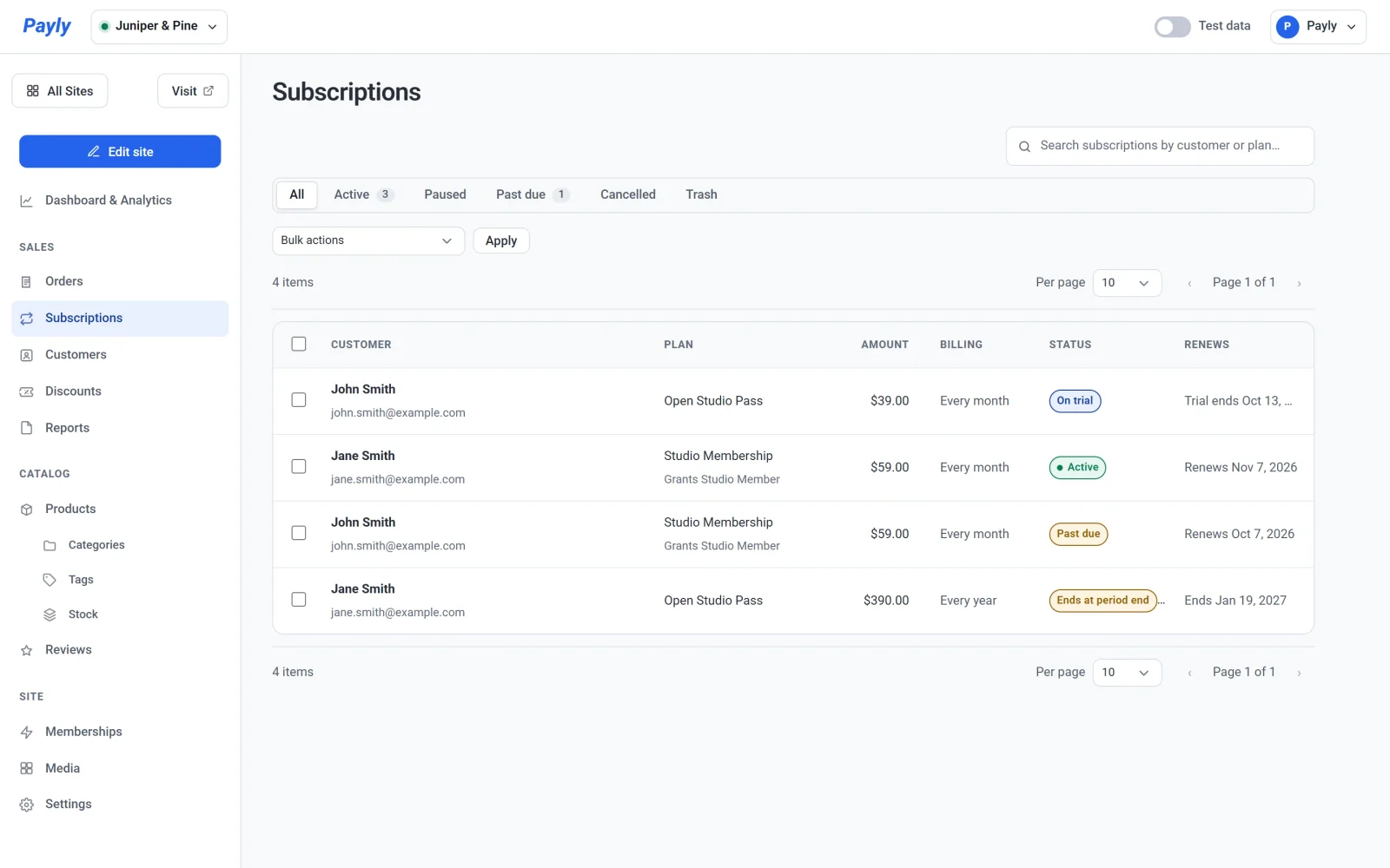 The Subscriptions screen listing four subscriptions: one on a trial, one active, one past due and one that ends at the end of its period