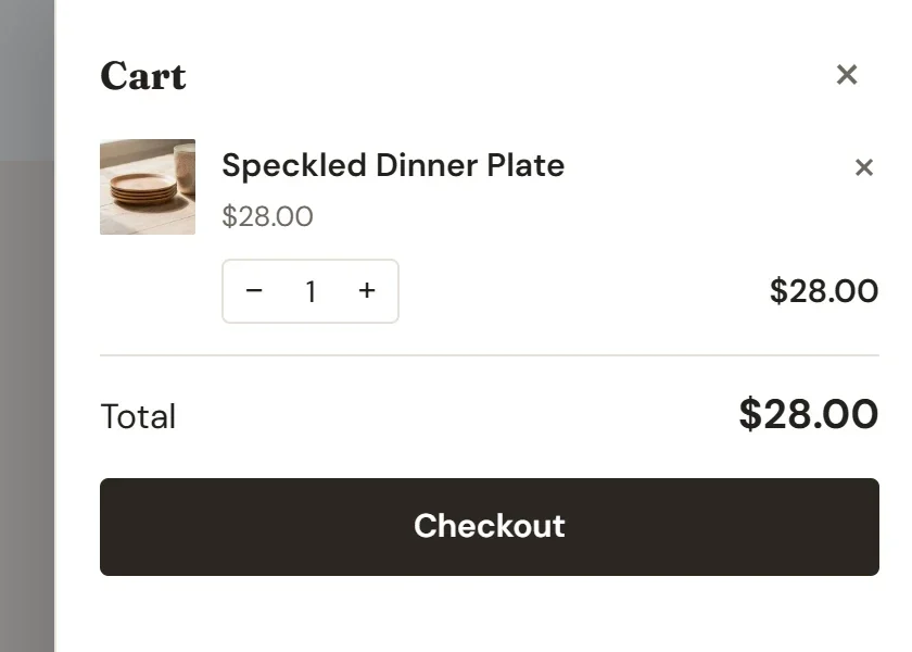 The cart panel on the published store, listing one product with its price and quantity, a total and a Checkout button