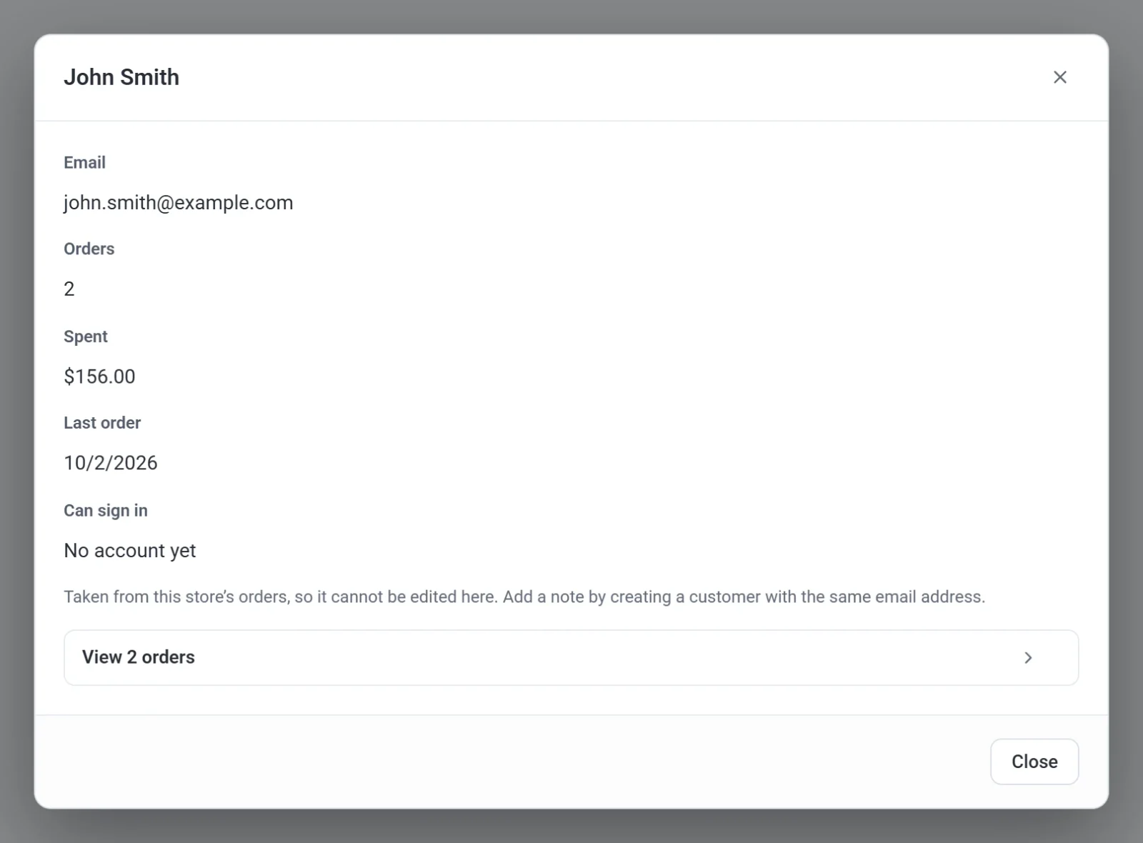 A customer pop-up showing the email address, 2 orders, $156.00 spent, the last order date, and Can sign in set to No account yet