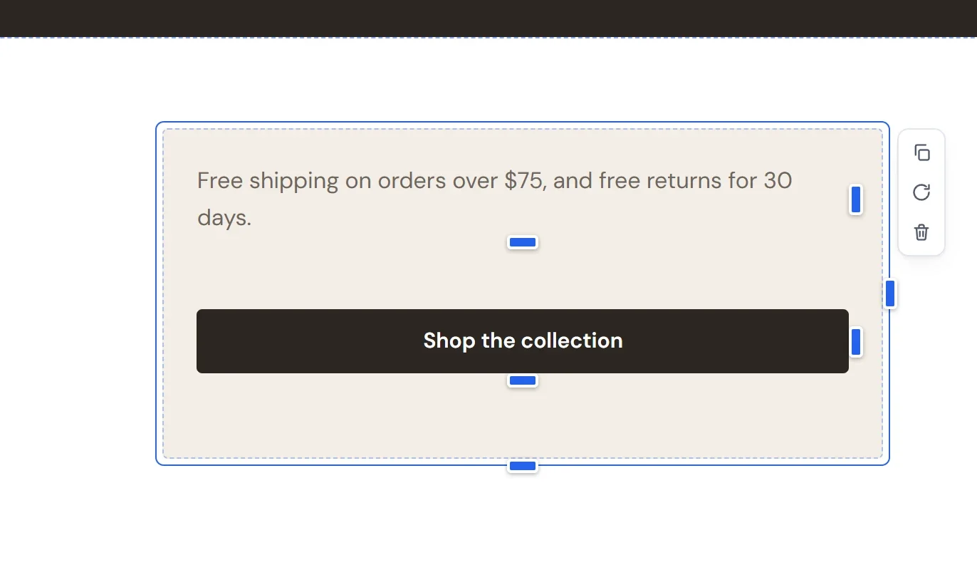 A selected container with a light background, holding a line of text and a button
