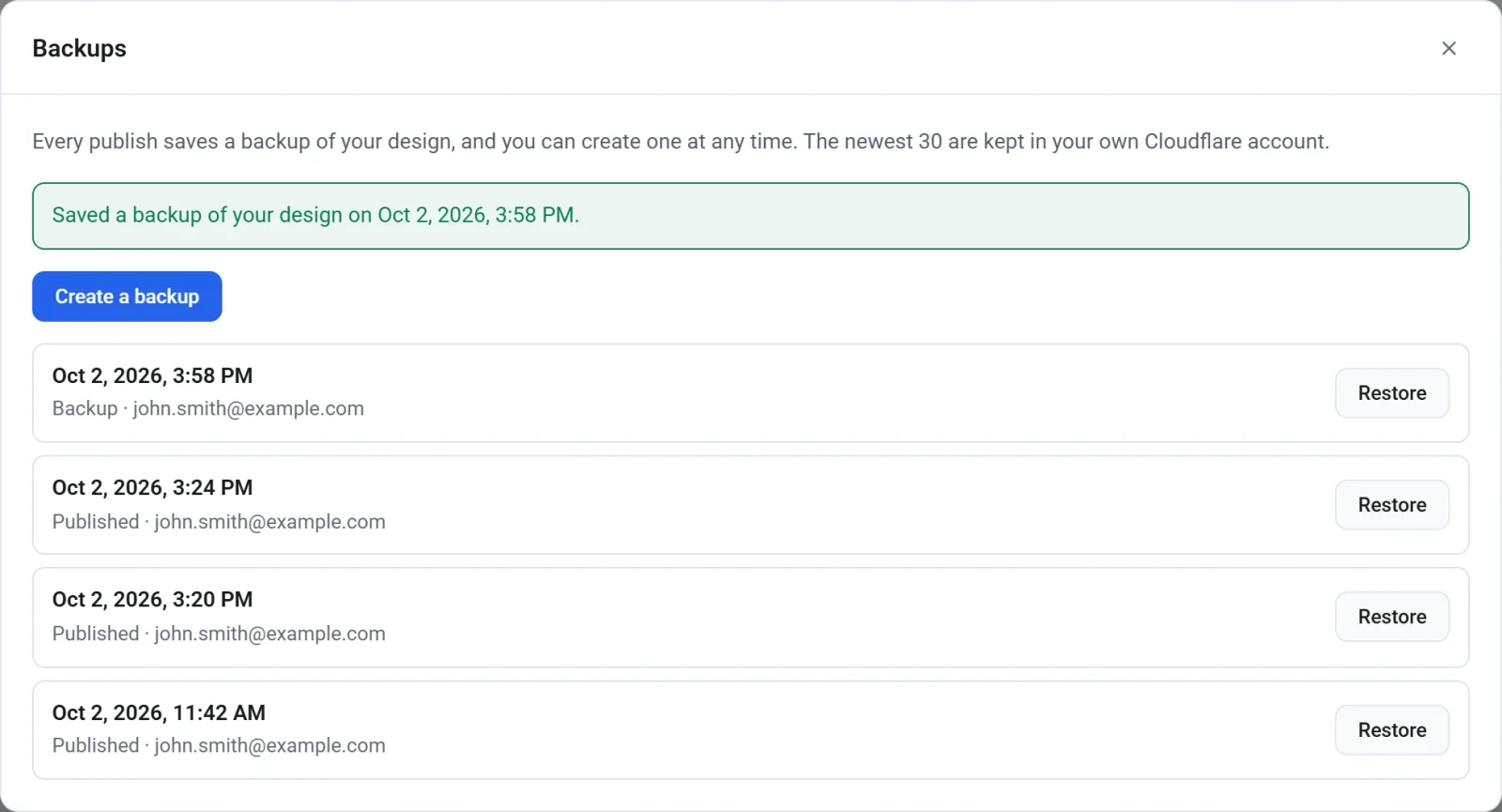 The Backups window with a message saying a backup was saved, and a list of one backup you created and three made when publishing, each with a Restore button