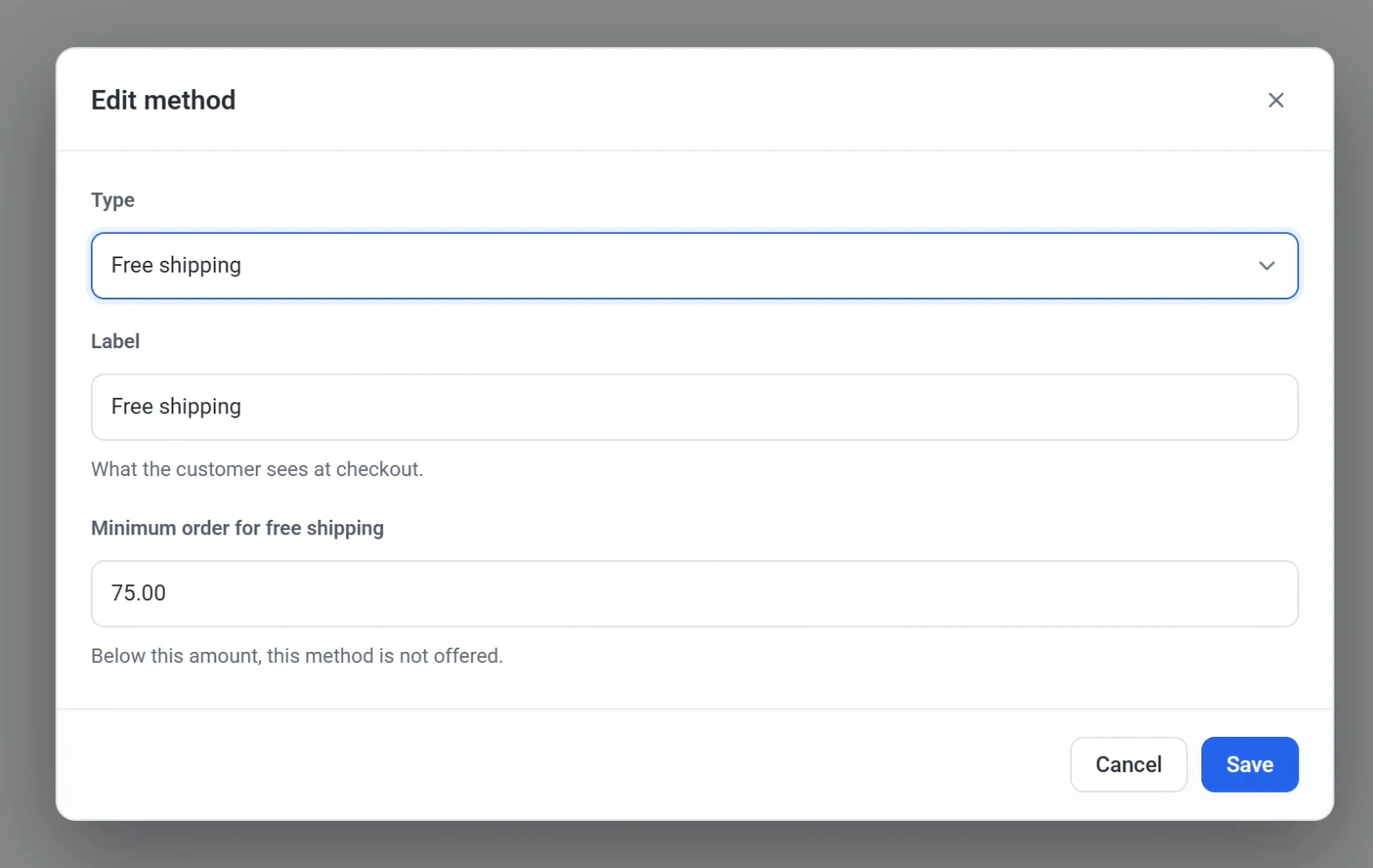 The Edit method dialog for free shipping with a minimum order of 75.00