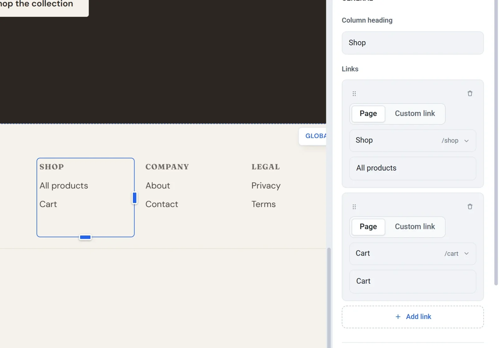 The footer at the bottom of the page with the Shop link column selected and its heading and links shown in the settings panel