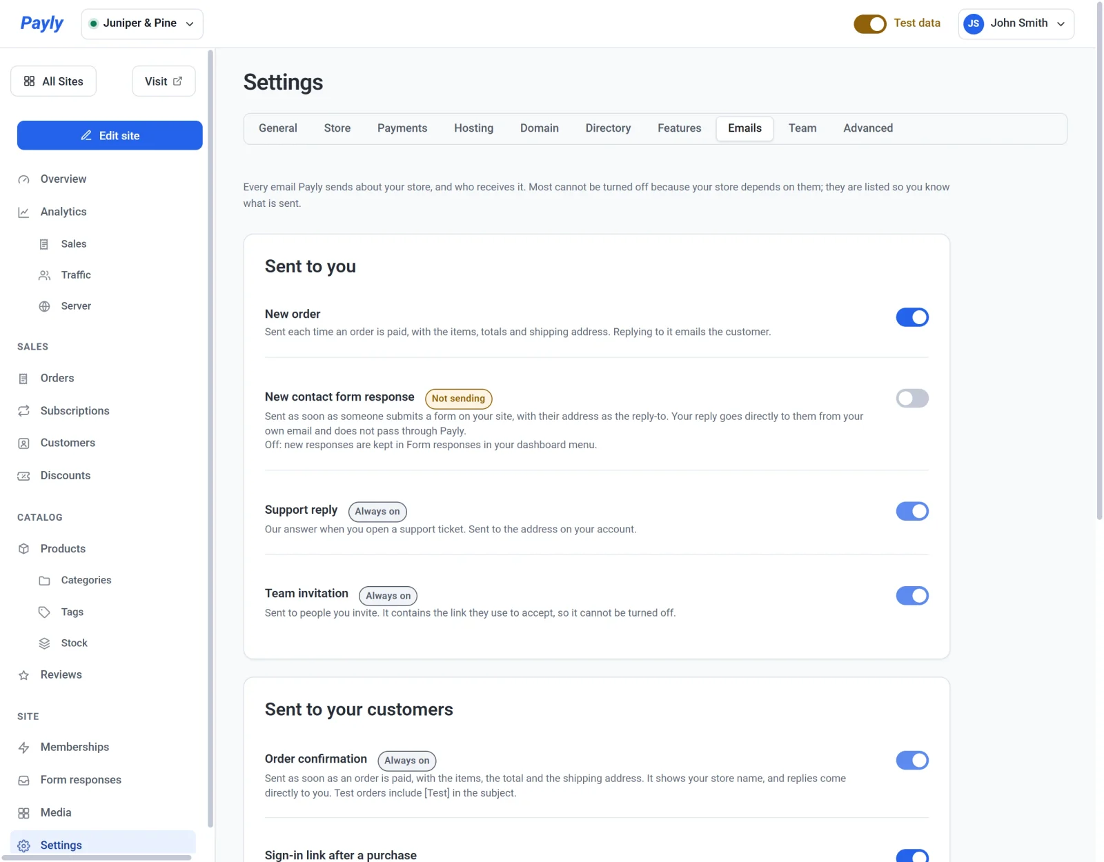 The Emails tab with New contact form response switched off and marked Not sending, and a new Form responses item in the menu on the left
