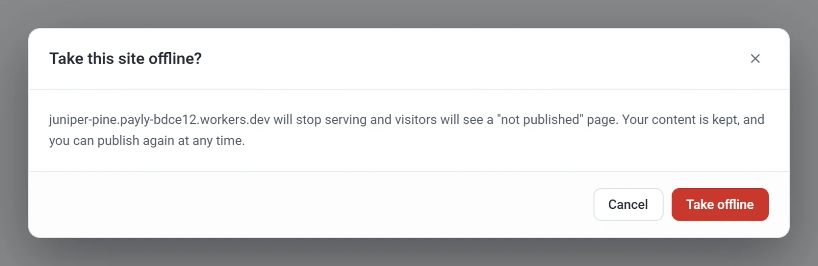 The Take this site offline confirmation, with the Cancel and Take offline buttons
