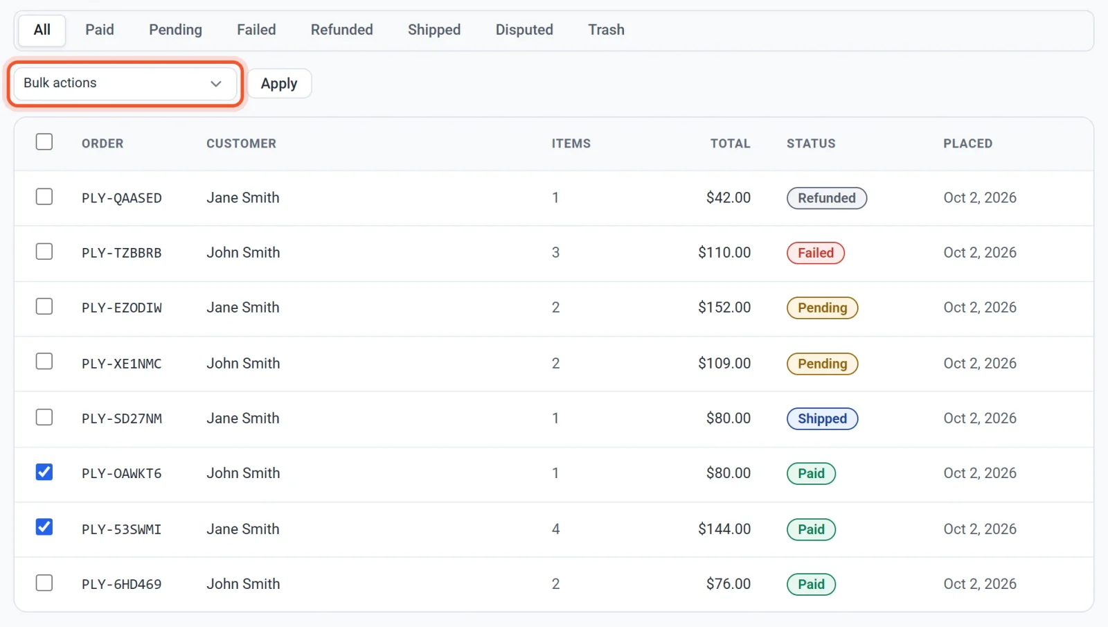 Two orders ticked in the Orders list with the Bulk actions menu highlighted