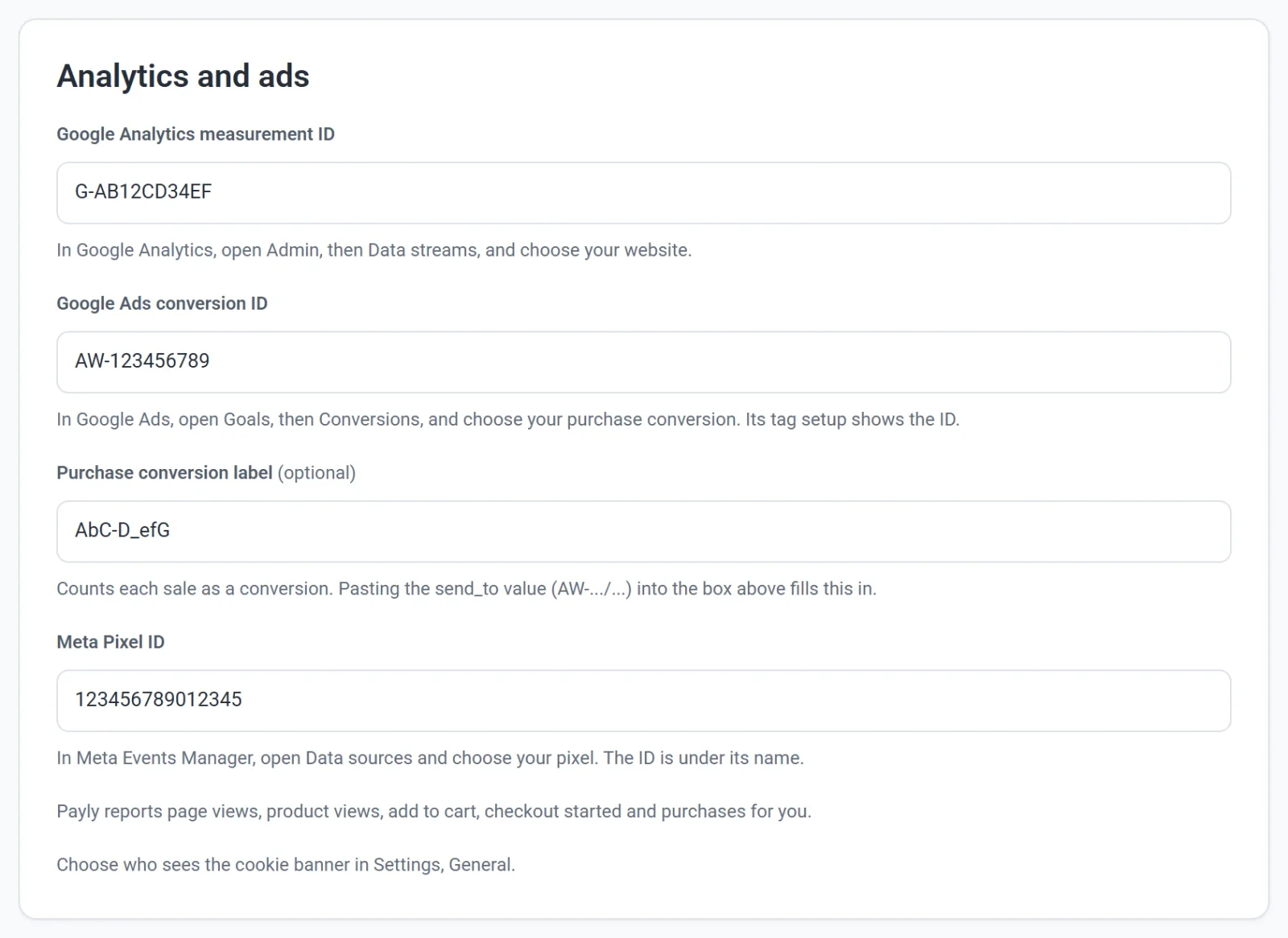 The Analytics and ads card on the Integrations screen, with a Google Analytics measurement ID, a Google Ads conversion ID, a purchase conversion label and a Meta Pixel ID filled in