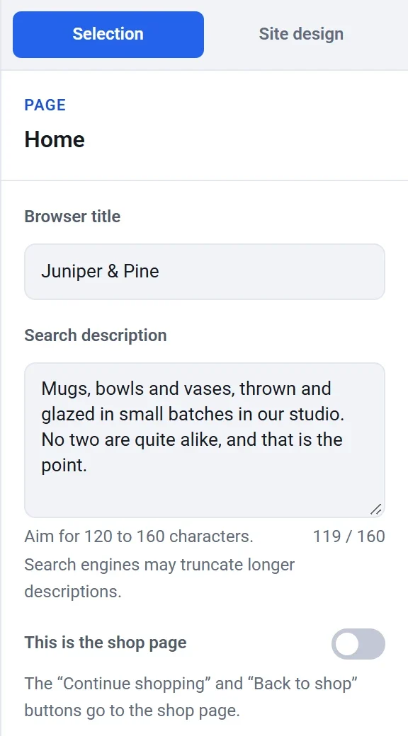 The page settings of the Home page: Browser title, Search description with a character counter, and the This is the shop page switch