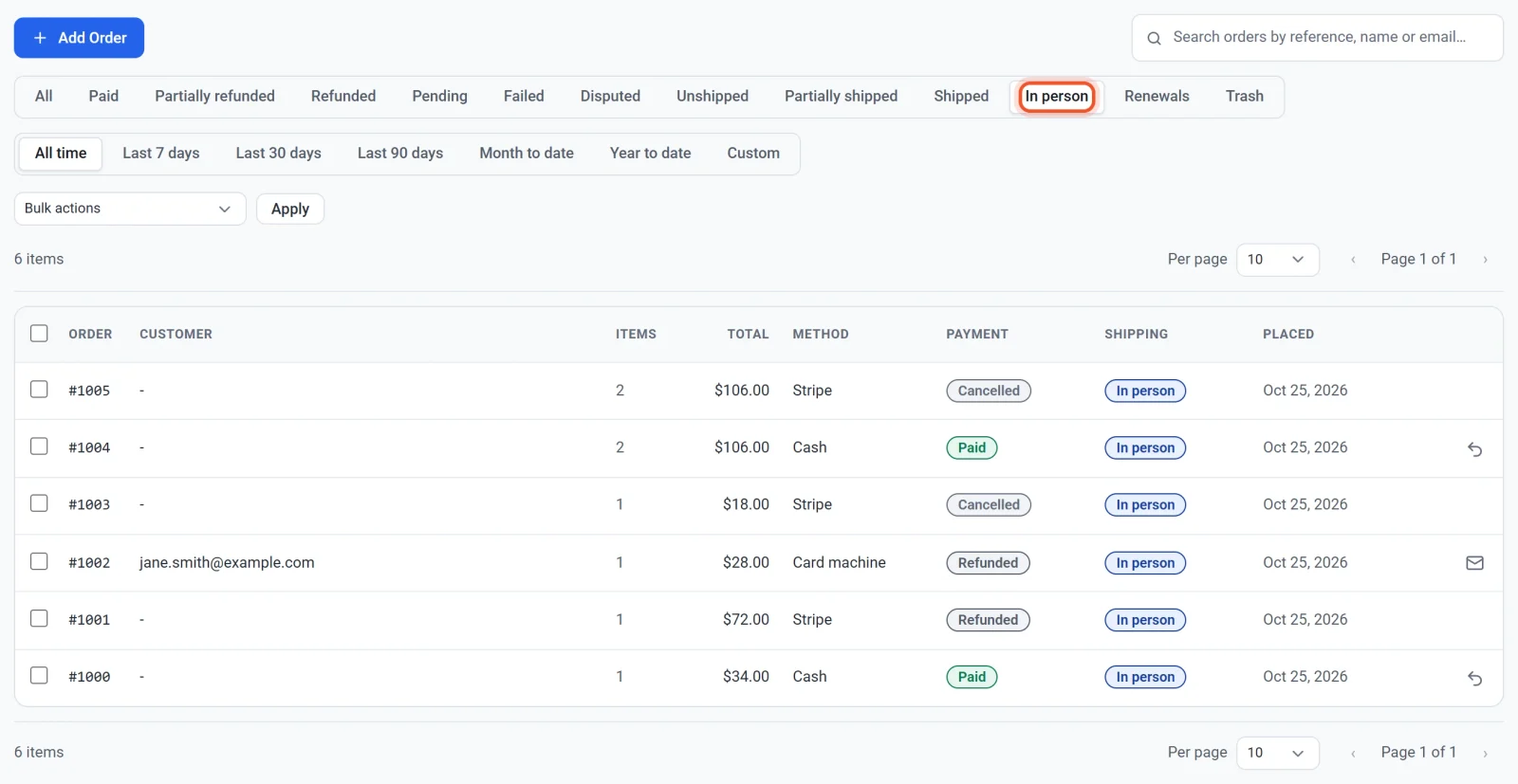 The Orders screen with the In person filter chosen, listing six in-person sales, each with In person in the Shipping column