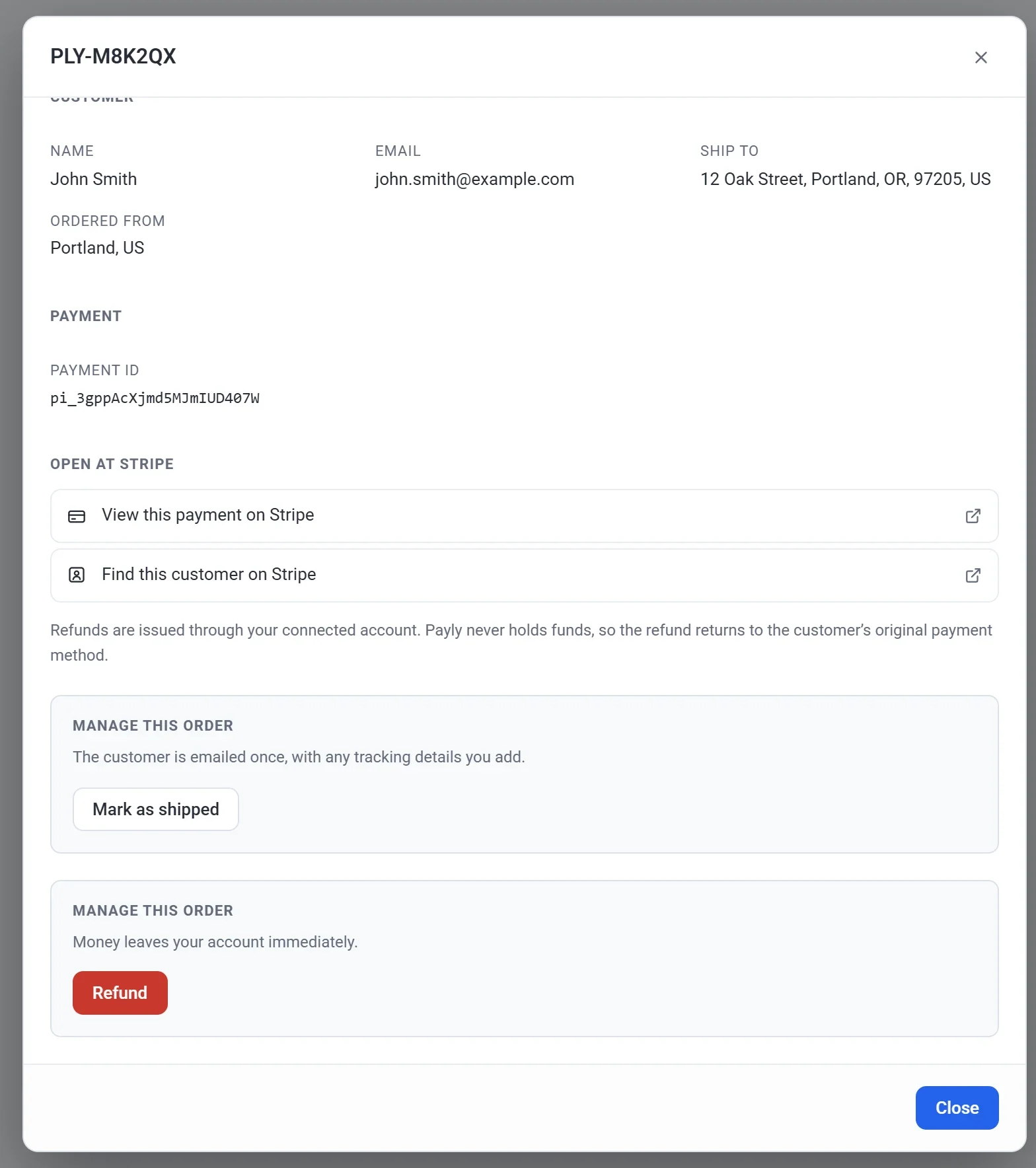 The lower part of an order pop-up, with links to Stripe and the Mark as shipped and Refund buttons