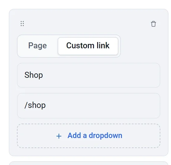A menu link card with Custom link selected, showing a text field and an address field