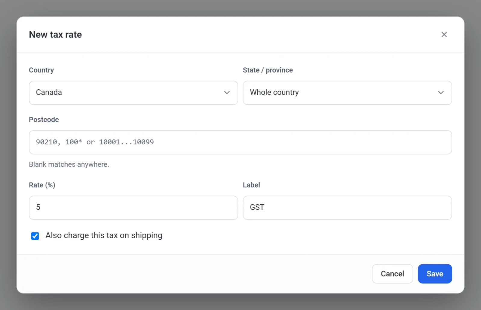 The New tax rate dialog filled in for Canada, with a rate of 5, the label GST and the shipping box ticked