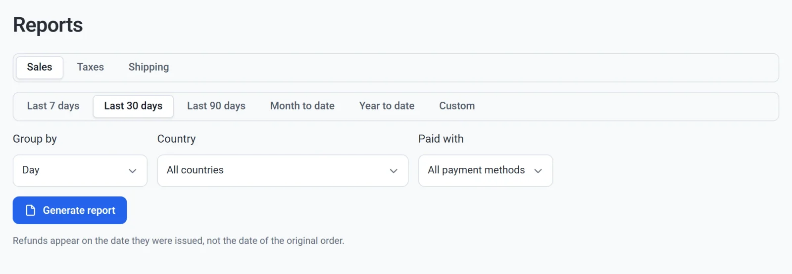 The Reports screen with the Sales, Taxes and Shipping buttons, the period buttons, the Group by, Country and Paid with lists and the Generate report button