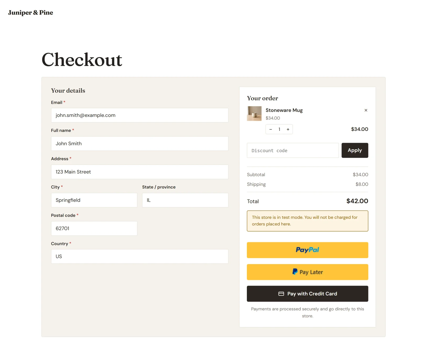 The checkout page with the details form on the left, and on the right the order summary, a test mode notice, the PayPal and Pay Later buttons and the Pay with Credit Card button