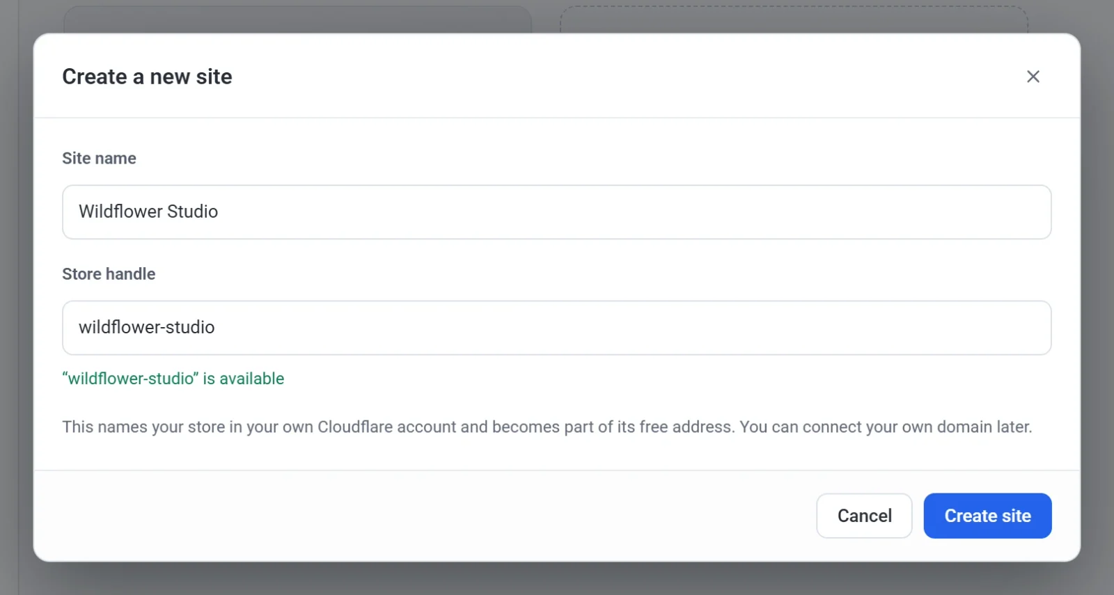 The Create a new site dialog with the site name Wildflower Studio, the store handle wildflower-studio and a message that the handle is available