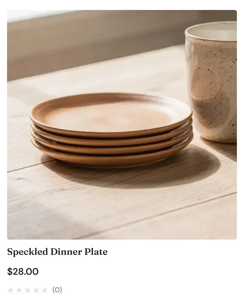 The Speckled Dinner Plate card on the live Shop page, showing its photo, name, price and a row of rating stars