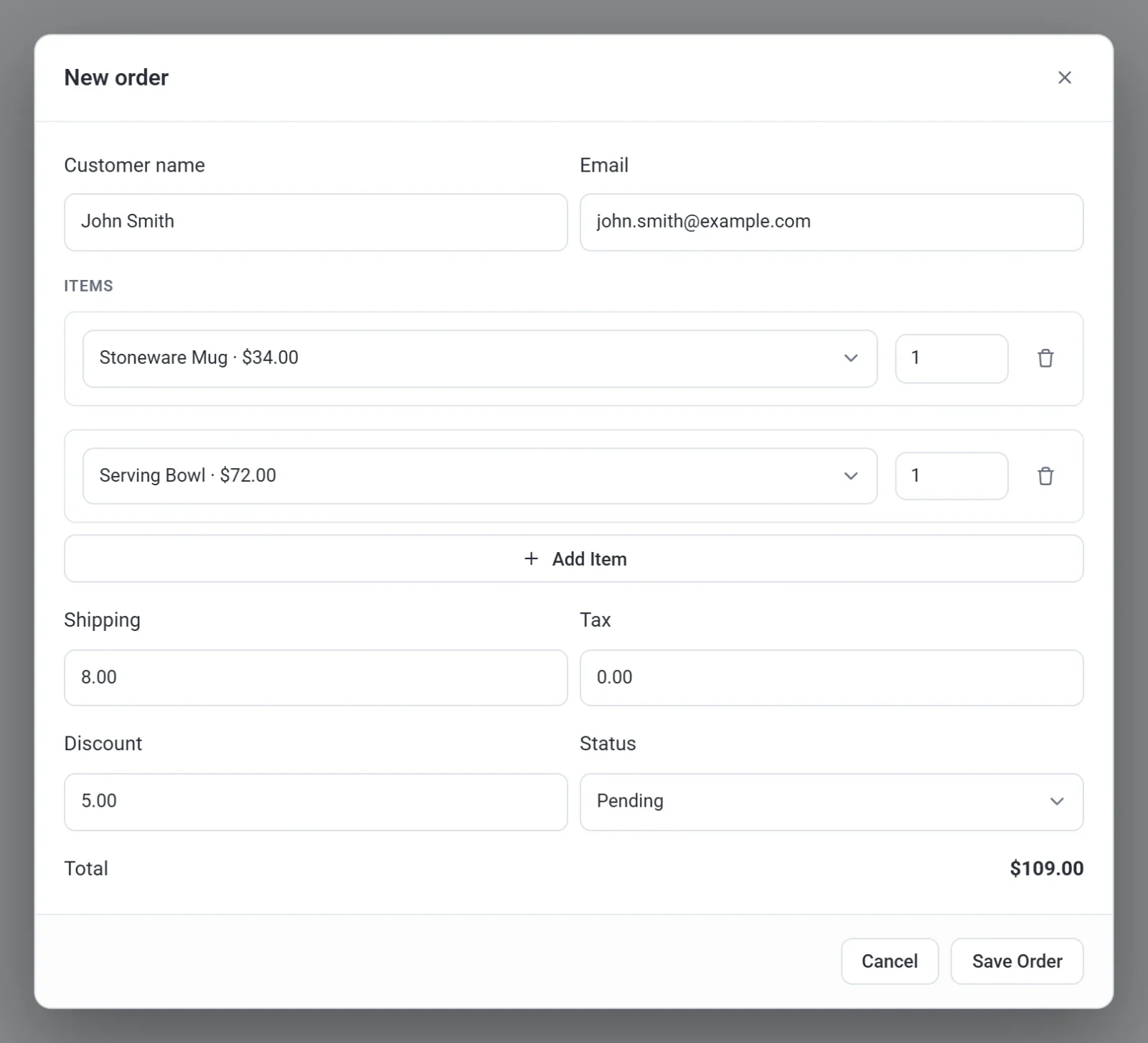 The New order dialog filled in with a customer, two items, shipping, a discount and the status Pending