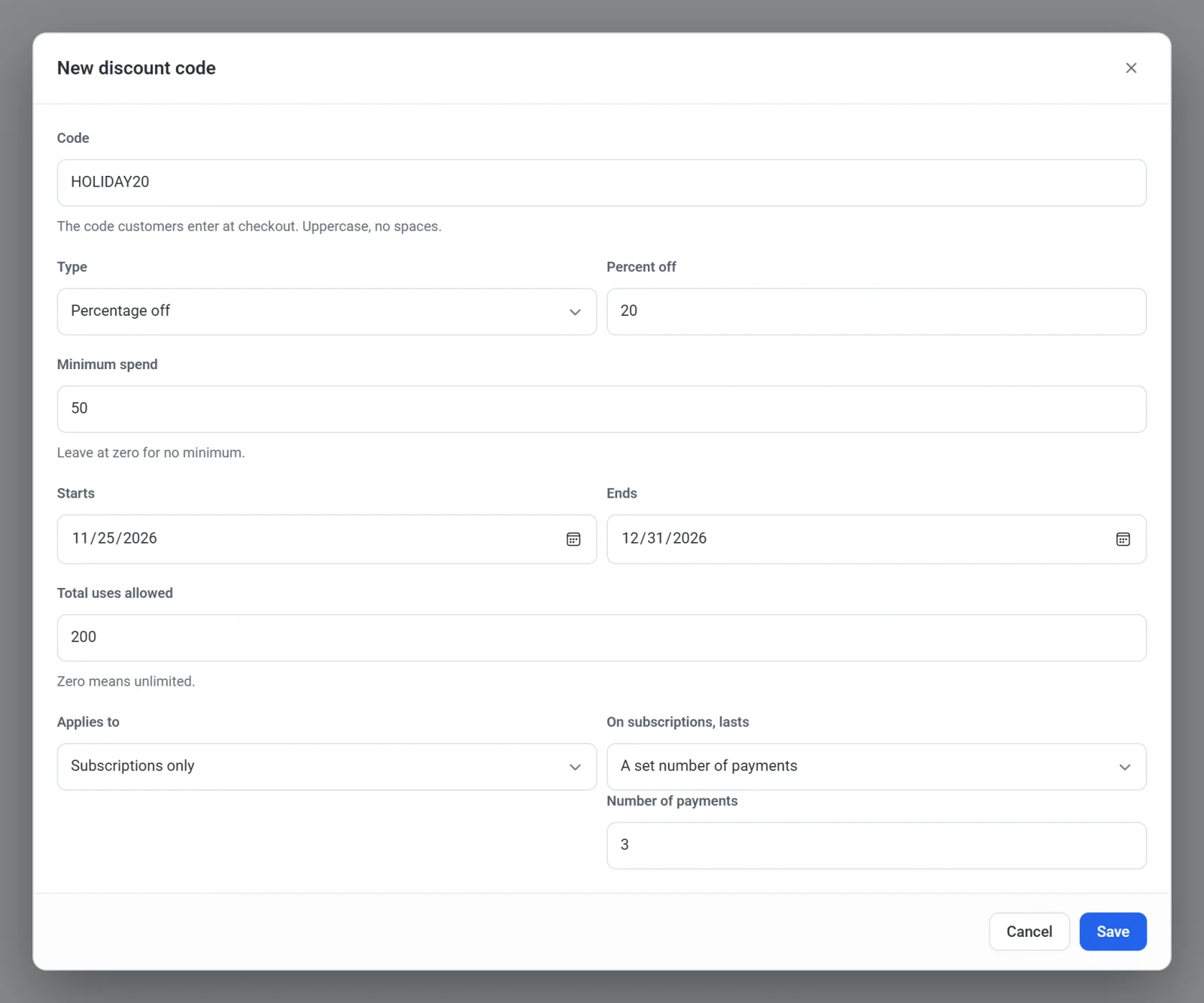 The discount code dialog with Applies to set to Subscriptions only, lasting a set number of payments, and a Number of payments box showing 3