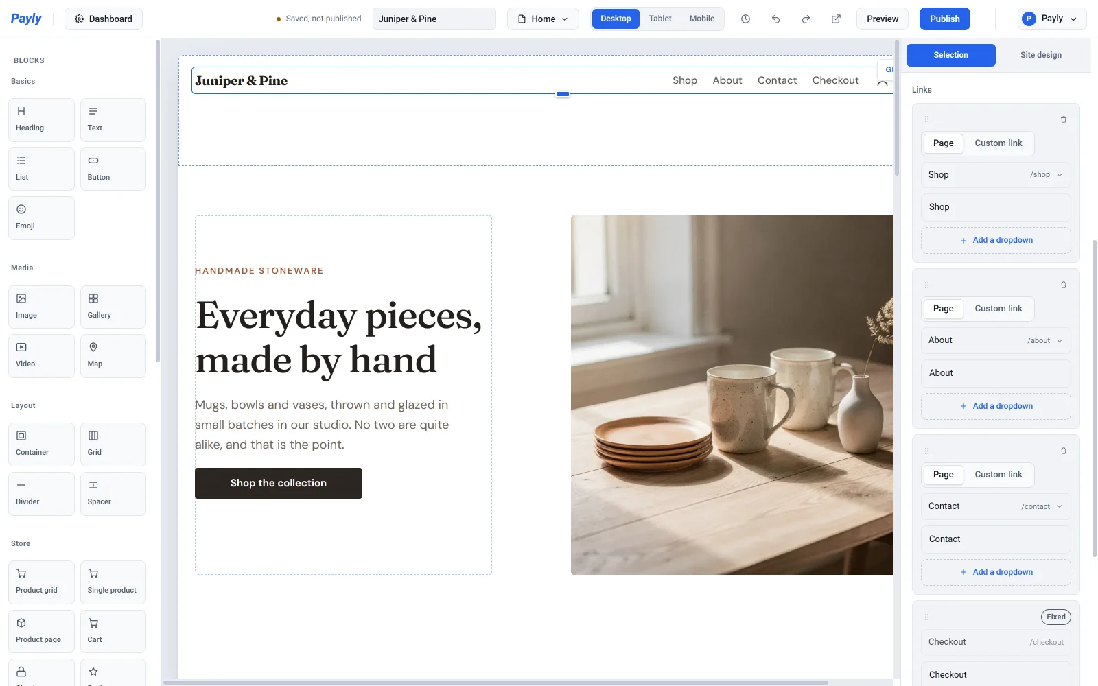 The editor with the header menu selected and the Links list open in the settings panel, showing the Shop, About, Contact and Checkout links
