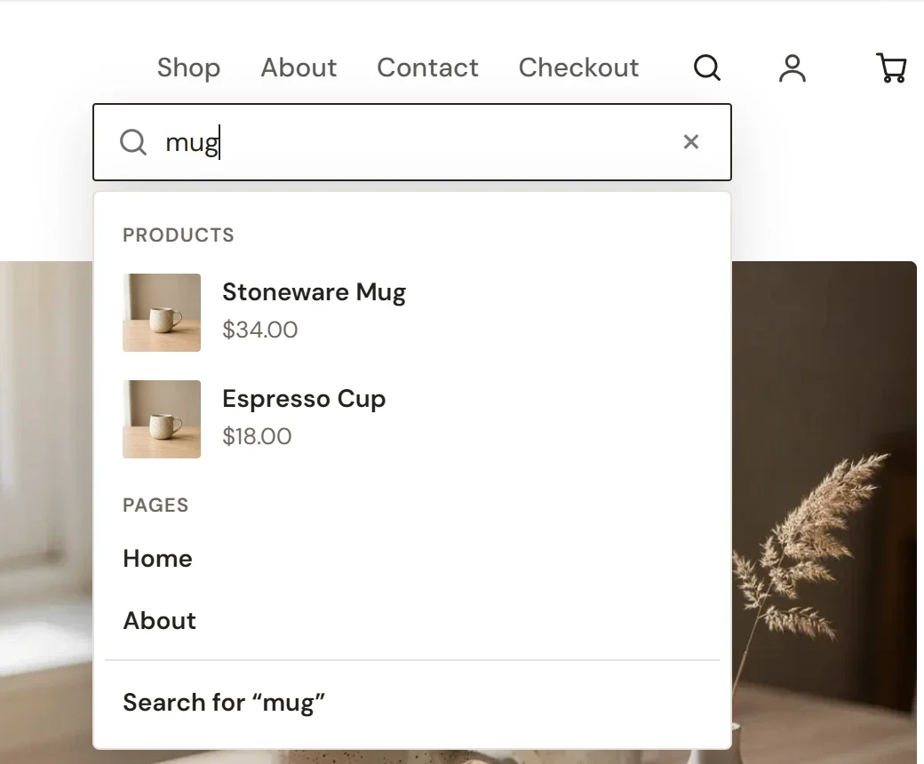 A store’s header with the search box open, mug typed, and a list of matching products with their photos and prices, then matching pages