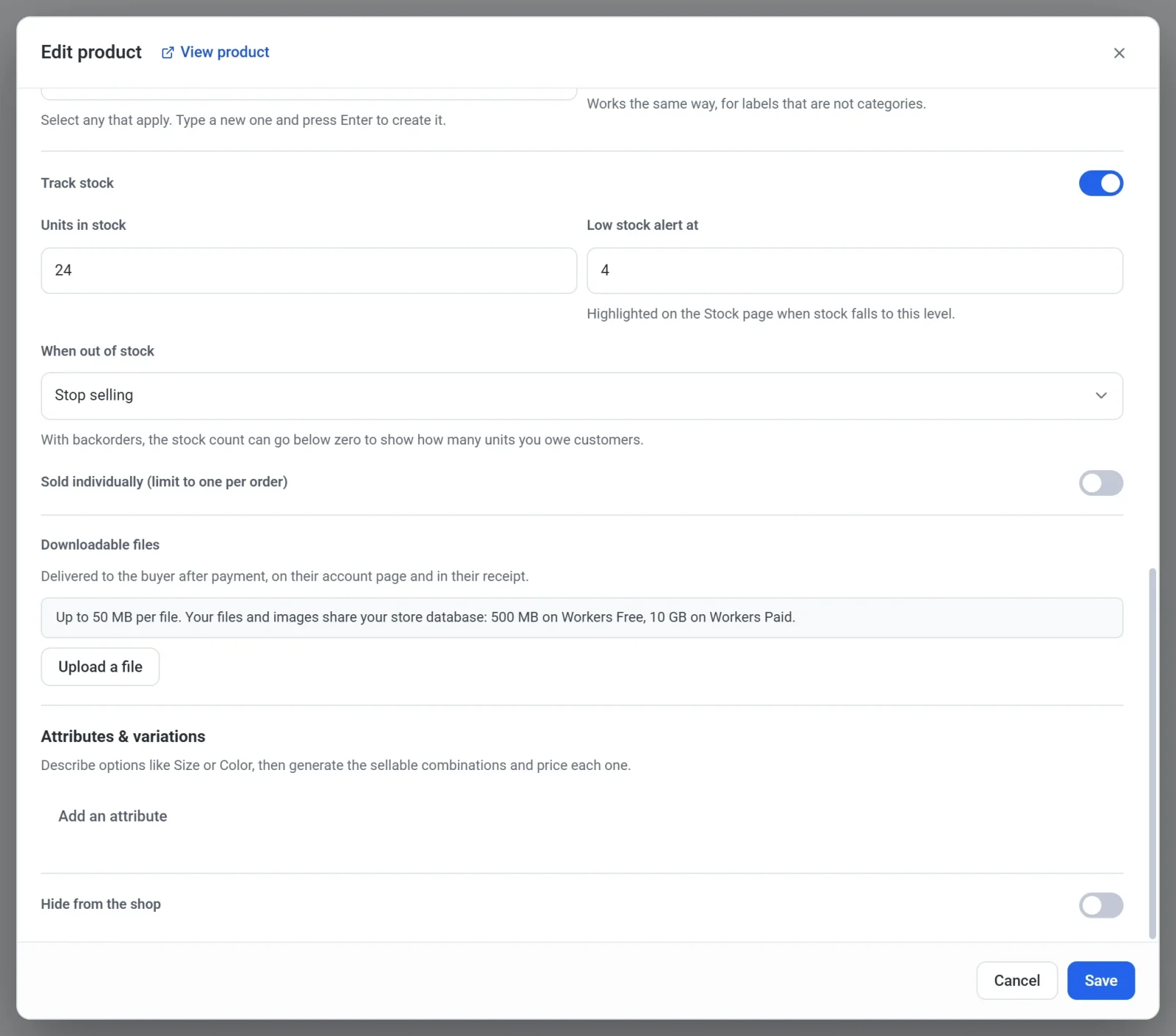 The stock settings in the Edit product dialog: Track stock turned on, 24 units in stock, a low stock alert at 4, and When out of stock set to Stop selling