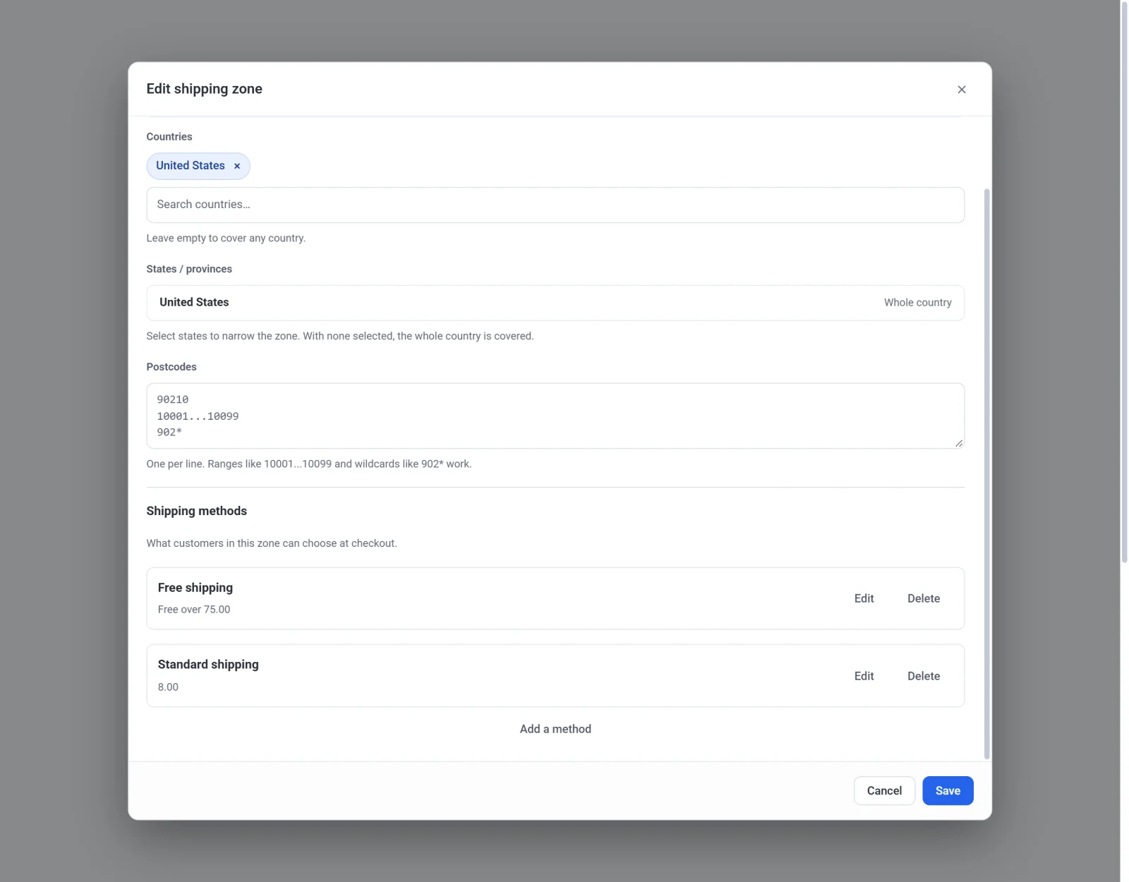 The bottom of the zone dialog, listing two shipping methods, Free shipping and Standard shipping, with an Add a method button below them