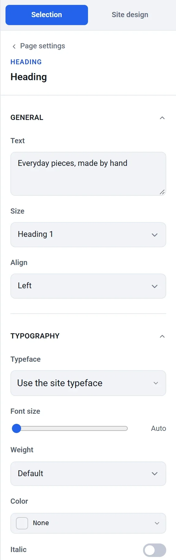 The Heading settings, with General showing Text, Size and Align, and Typography showing Typeface, Font size, Weight, Color and Italic