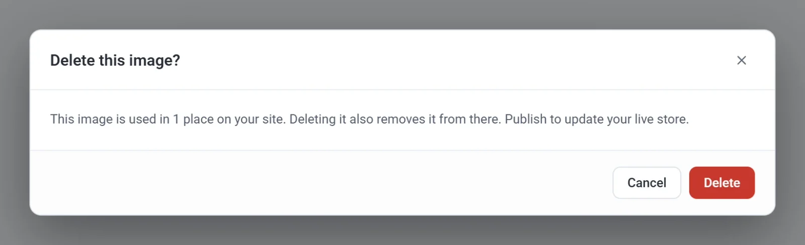 The Delete this image window, saying that the image is used in 1 place on your site, with Cancel and Delete buttons