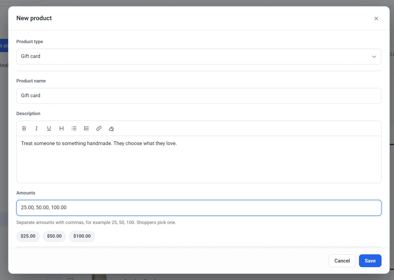 The New product dialog with Product type set to Gift card, the name Gift card, and Amounts 25.00, 50.00, 100.00 shown as $25.00, $50.00 and $100.00