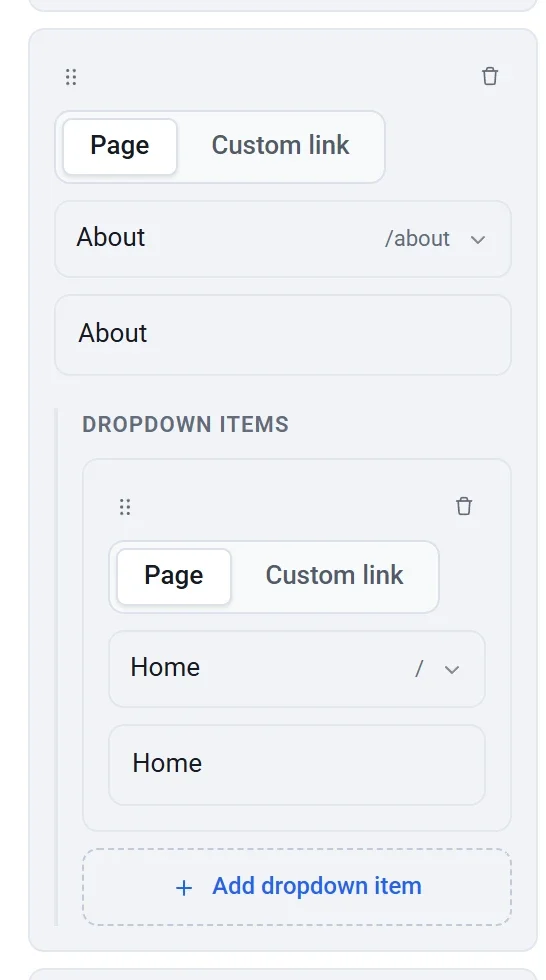 A menu link card with a Dropdown items section holding one item, and an Add dropdown item button below it
