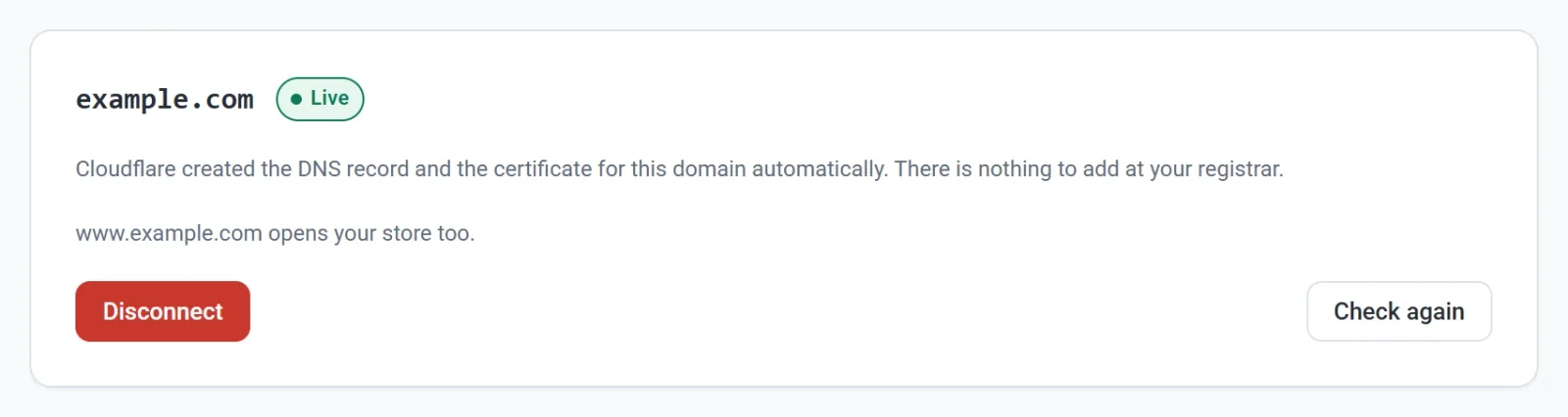 The connected domain after Check again, with a line saying www.example.com opens your store too