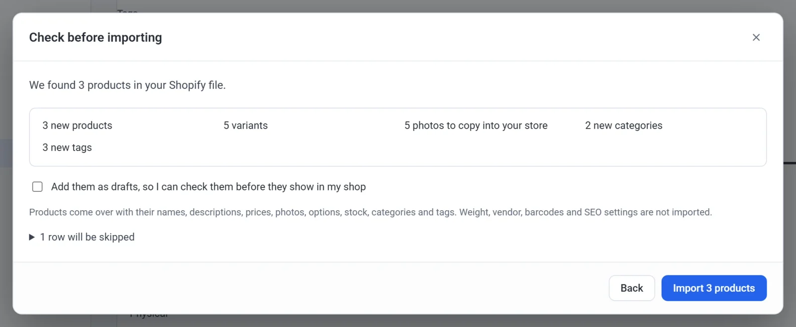 The Check before importing screen: 3 new products, 5 variants, 5 photos to copy, 2 new categories and 3 new tags, with the Import 3 products button