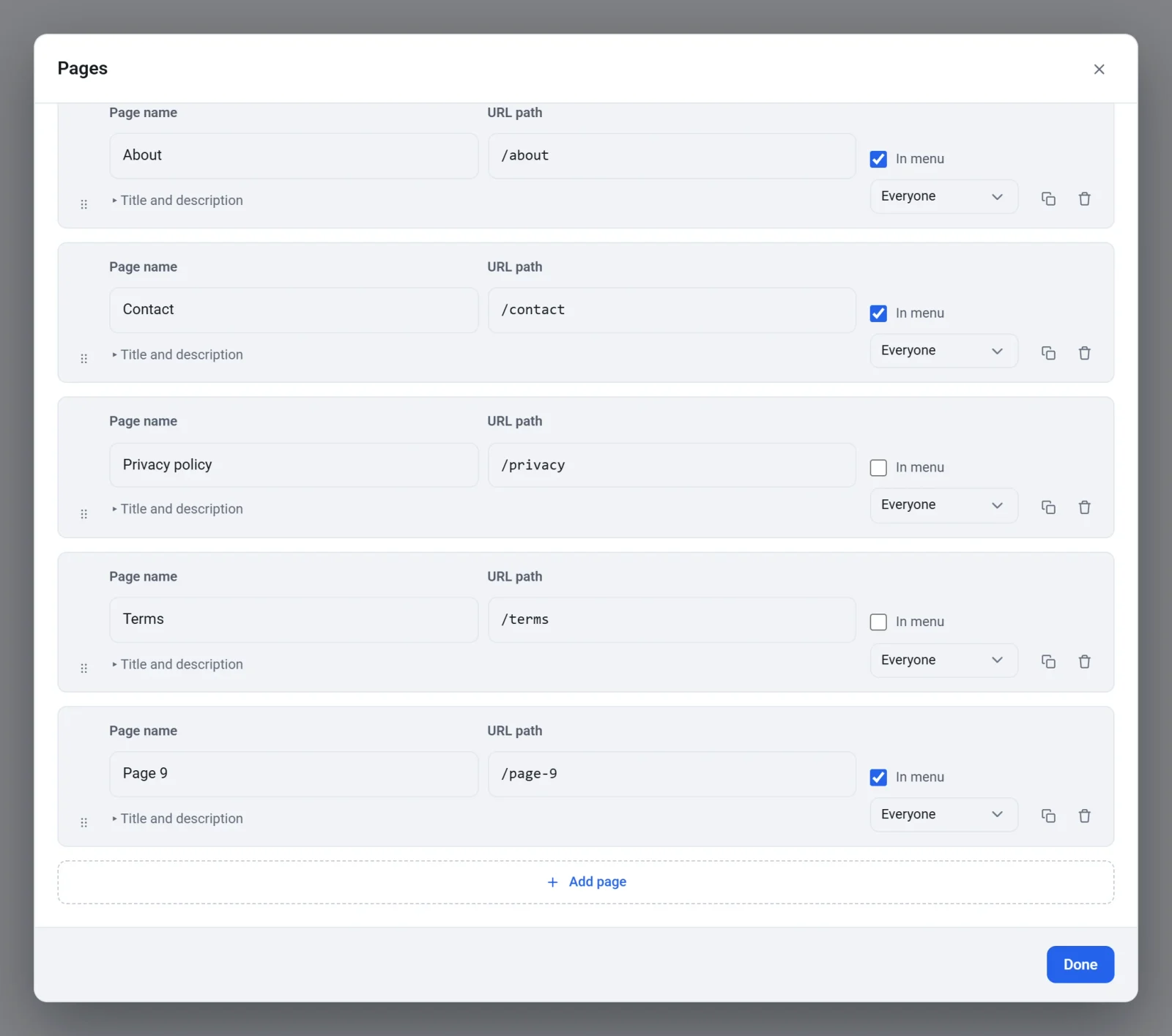 The bottom of the Pages window, where a new page called Page 9 has been added after Terms, above the Add page button