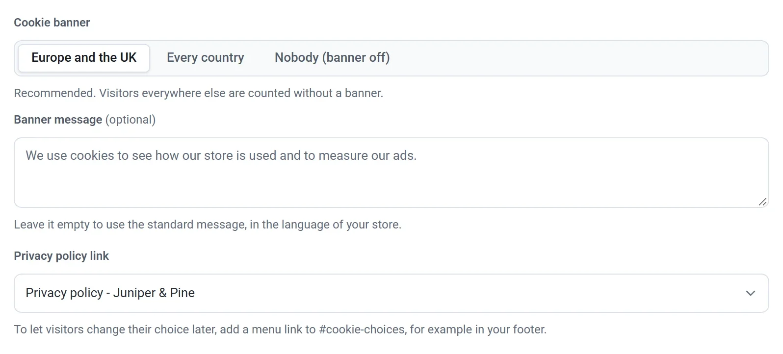 The Cookie banner setting in Settings, General, with the choices Europe and the UK, Every country and Nobody, a banner message box and a privacy policy link