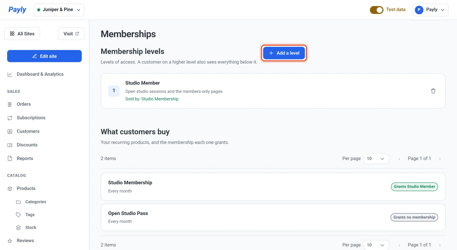 The Memberships screen with the Studio Member level, the products that customers buy, and the Add a level button highlighted